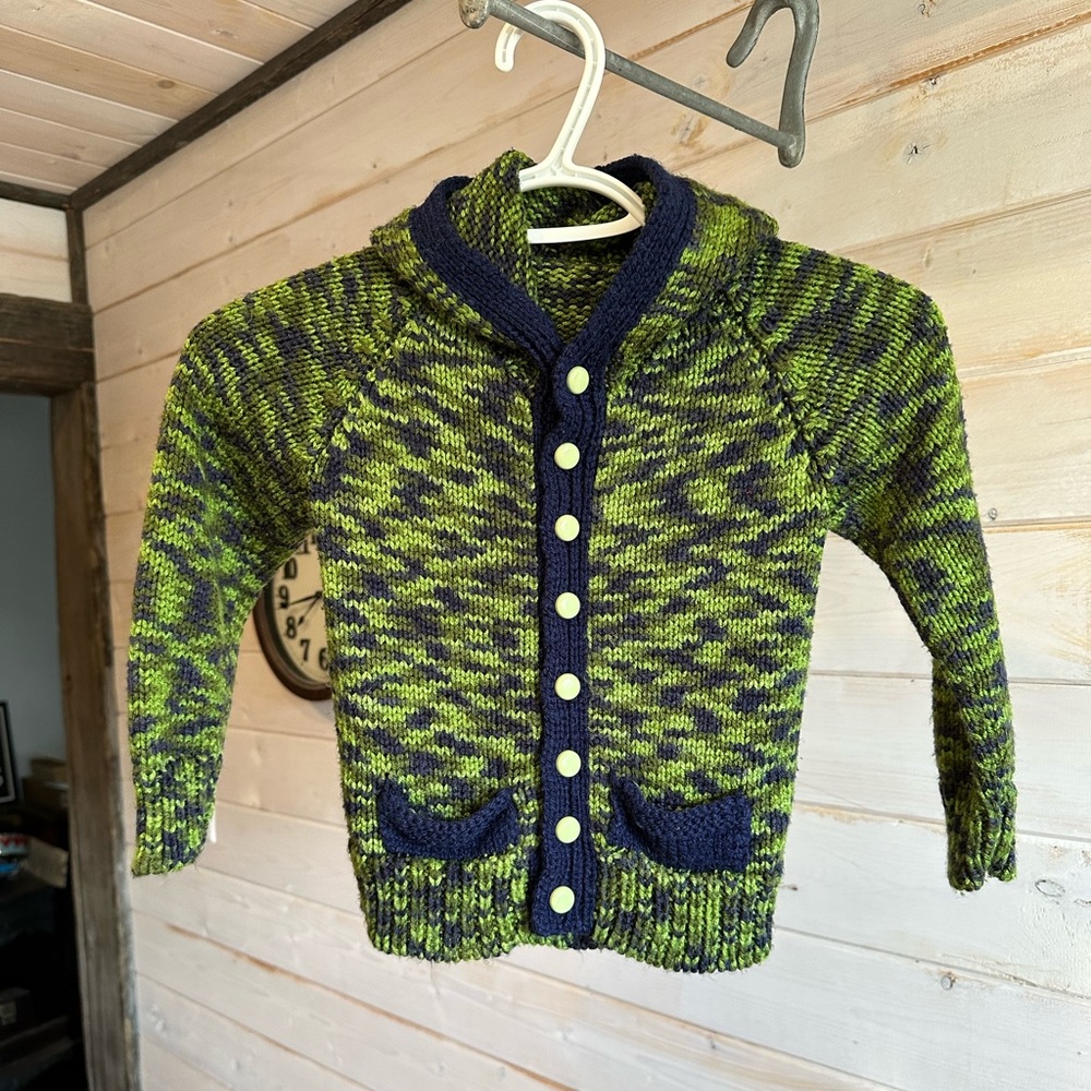 Kids Hand Knit Green & Blue Cardigan Sweater